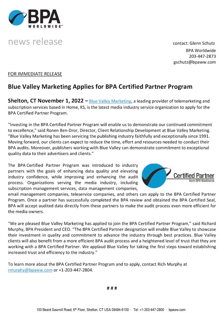Blue Valley Marketing applies for BPA Certified Partner Program 1